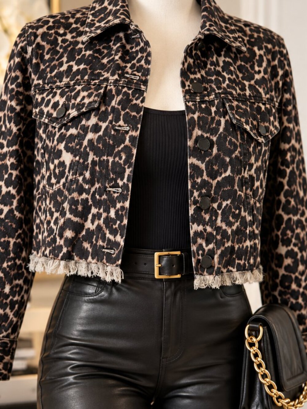 Alice + Olivia Jeans Leopard Cropped Denim Jacket S 100% Cotton